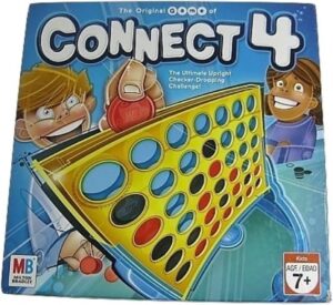 Box cover of the Connect 4 board game featuring two animated children characters excitedly playing the game, with the red and yellow checkers and upright grid visible, logo and branding elements, including age recommendation label for 7+ years.