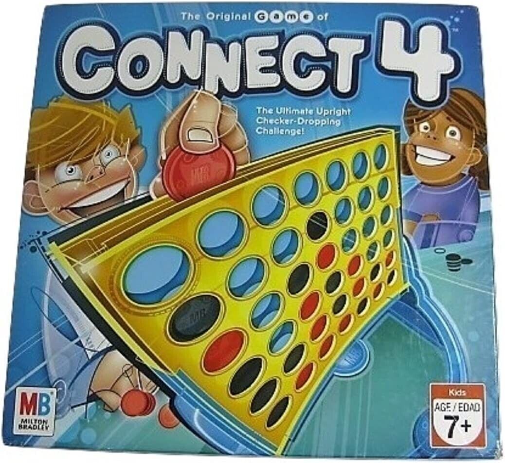 Box cover of the Connect 4 board game featuring two animated children characters excitedly playing the game, with the red and yellow checkers and upright grid visible, logo and branding elements, including age recommendation label for 7+ years.
