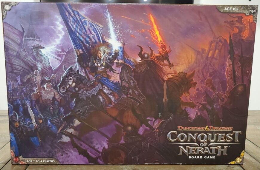 Alt text: "Dungeons & Dragons: Conquest of Nerath board game box featuring a dynamic fantasy artwork with heroic figures, mythical creatures, and a raging battle scene, suitable for ages 12 and up, designed for 2 to 4 players."