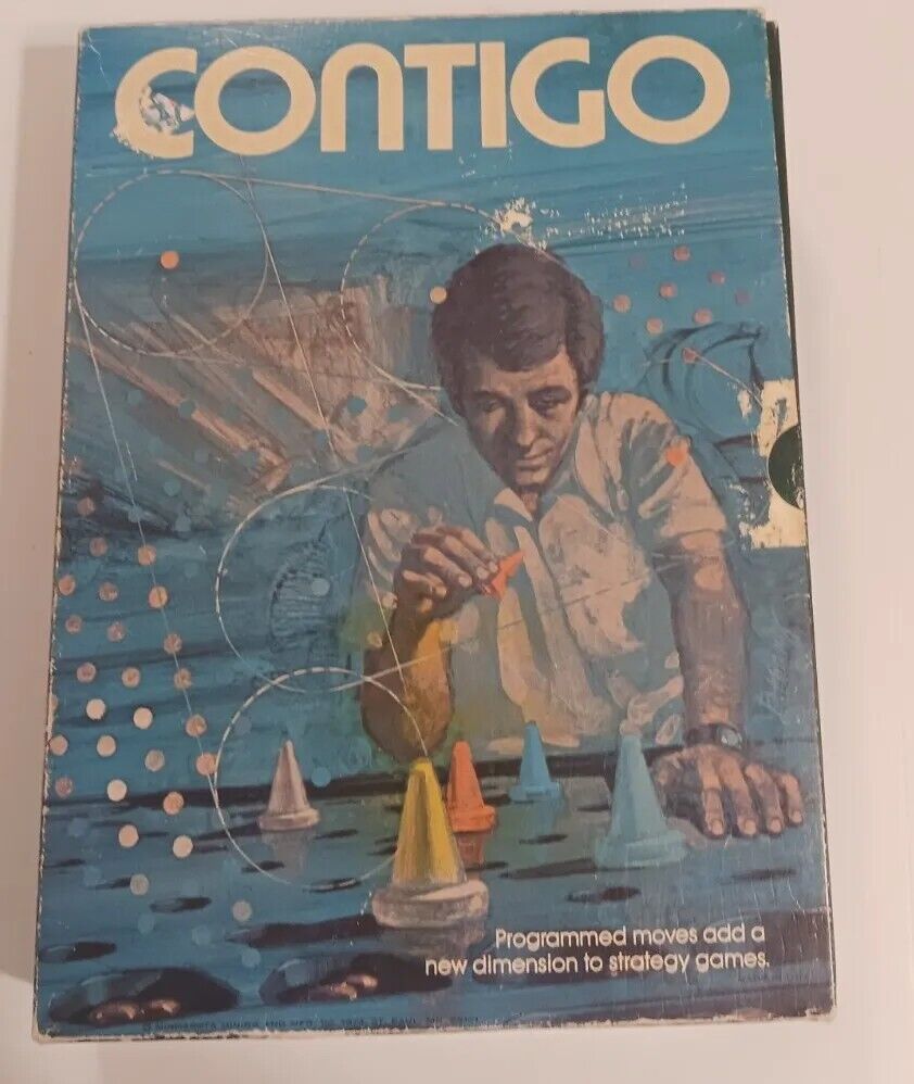 A worn-out board game cover for "CONTIGO" featuring artwork of a contemplative man positioning colorful game pieces on a grid with sailboats in the background. The tagline at the bottom reads, "Programmed moves add a new dimension to strategy games."