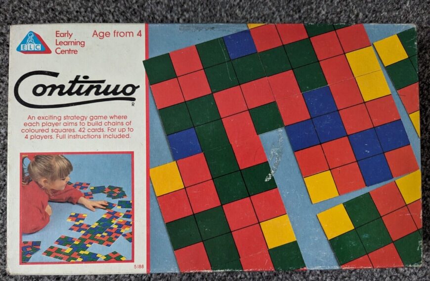 A worn game box cover for "Continuo" from the Early Learning Centre, showing colorful square patterns and a picture of a child playing the game.