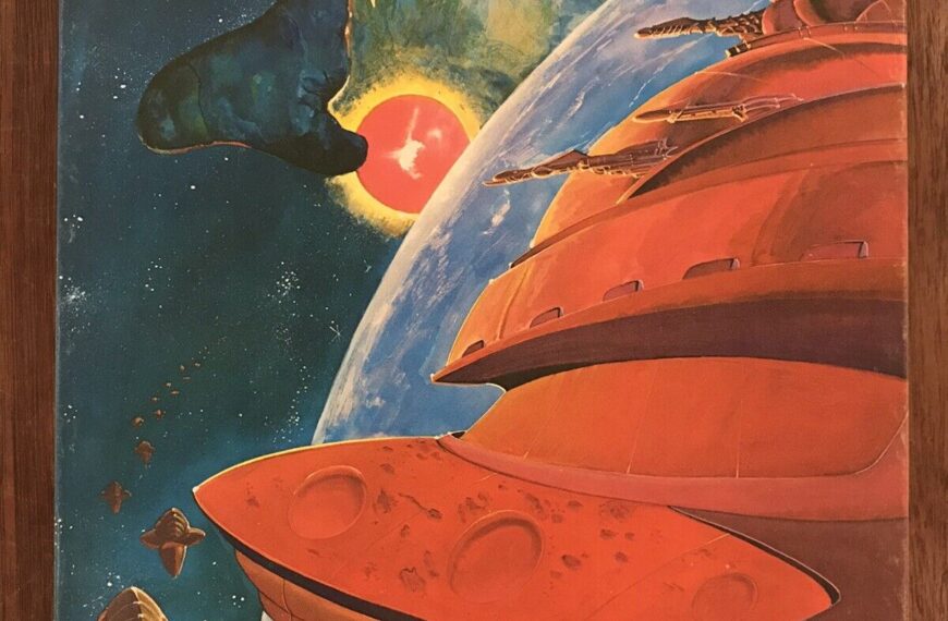 "Cover art of the 'Amoeba Wars' game depicting stylized spaceships in orbit around a colorful planet with stars and a sunrise in the background."