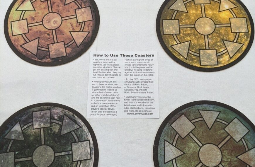 Four round game coasters with different color schemes labeled "Cosmic Coasters" alongside instructions on how to use them for a game about teleportation combat.