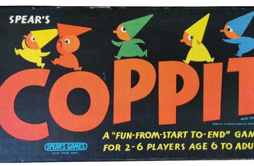 A vintage board game cover titled "COPPIT" by Spear's Games, depicting colorful cone-hatted figures on a black background, indicating it's for 2-6 players ages 6 to adult.