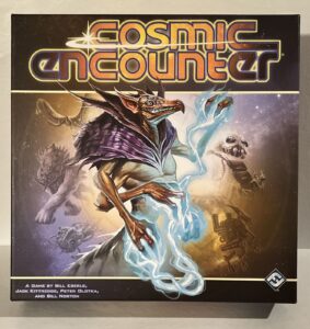Box cover for the board game "Cosmic Encounter" featuring dynamic artwork of various alien creatures hovering above a space landscape, with a prominent dragon-like alien in the foreground emanating blue energy. The bottom of the cover lists the game creators: Bill Eberle, Jack Kittredge, Peter Olotka, and Bill Norton.