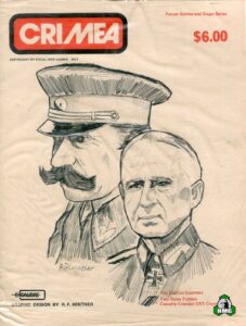 An illustration of two military figures on the cover of a game titled "CRIMEA" by Excalibre Games from 1977, costing $6.00, with graphic design by R. P. Winther. The Panzer Battles and Sieges Series game cover features additional text about game content, including die-cut counters and rules folders.