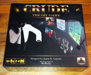 A board game box titled "CRUDE The Oil Game" designed by James St. Laurent, suggesting a 13+ age range and 2-4 players. The cover features a silhouette of a man in a suit pointing to various images related to oil and finance. The box also displays the Stronghold Games logo.