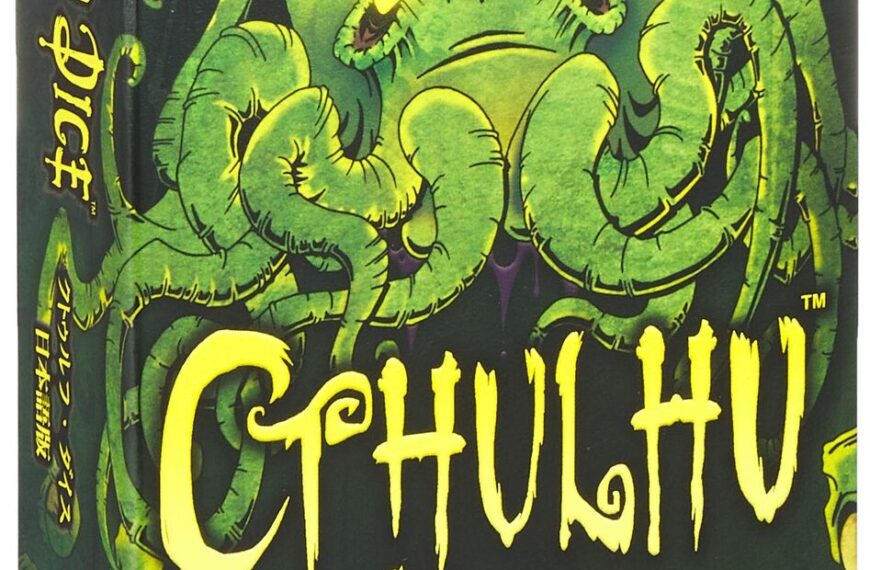Box packaging for "Cthulhu Dice" game by Steve Jackson Games, featuring a green illustration of a Cthulhu monster and stylized yellow lettering.