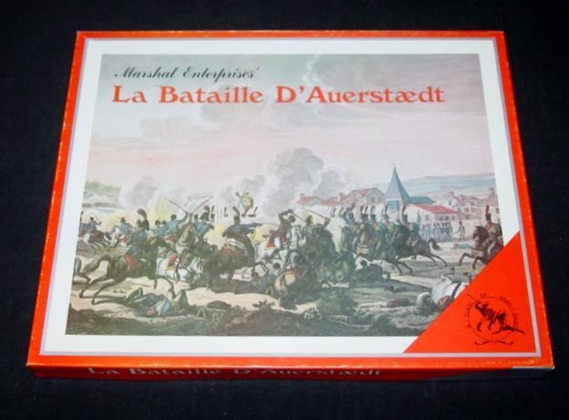 A board game titled "Marshal Enterprises' La Bataille D'Auerstadt" with a colorful illustration of a historic battle scene on its cover.