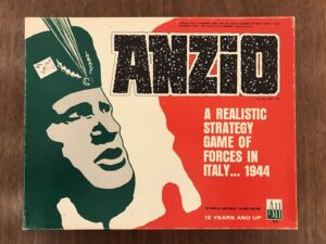 Vintage "ANZIO" board game cover featuring a stylized green and white soldier profile with the title text in large distressed black letters on a red background, subtitled "A Realistic Strategy Game of Forces in Italy... 1944," and additional information including the age suitability "12 years and up," the Avalon Hill Game Company logo, and a product number "704."