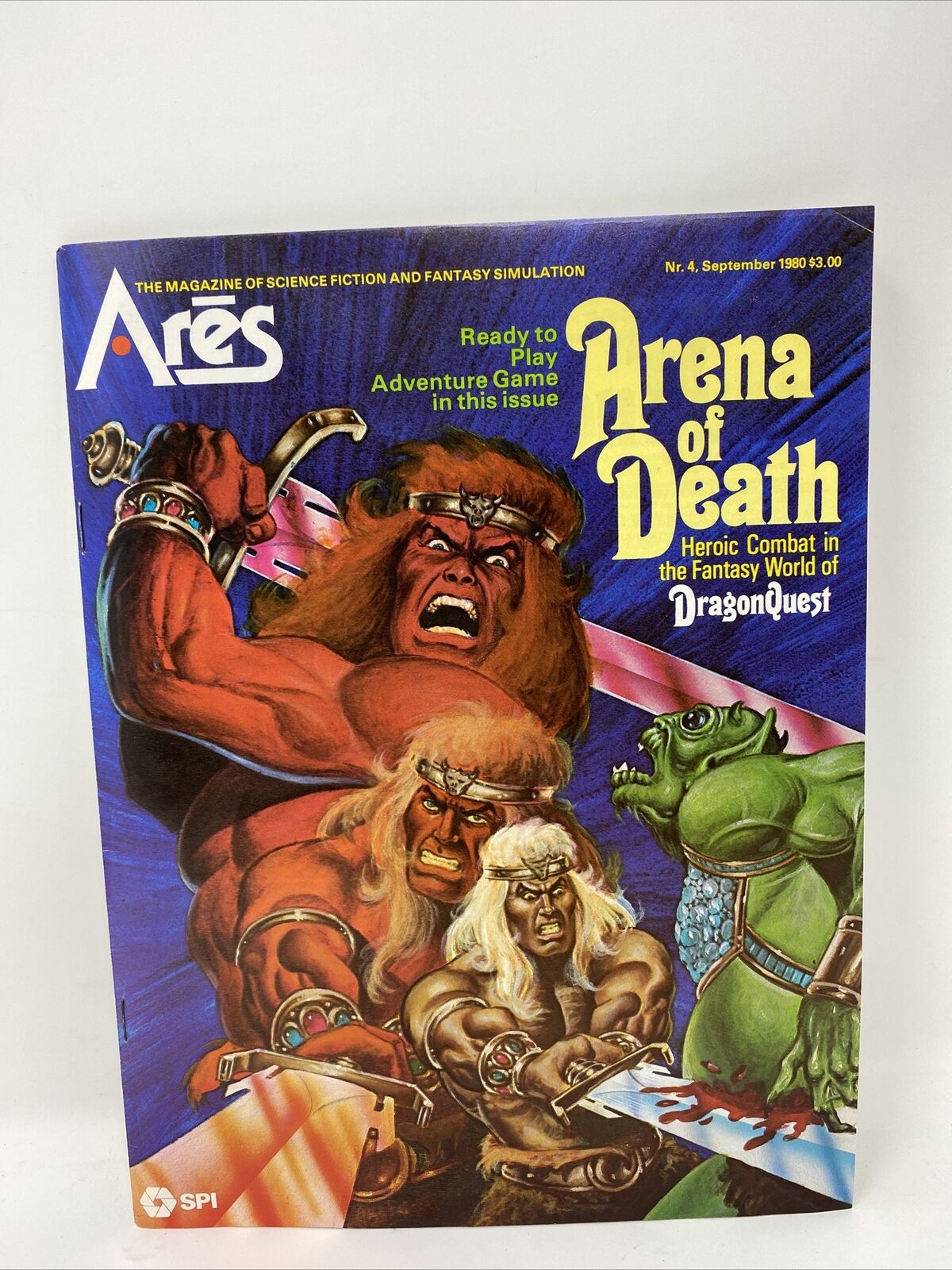 Alt text: Cover of "Ares Magazine Nr. 4, September 1980" featuring an illustration of fantasy characters including muscular, aggressive-looking warriors and a green creature, with the title "Arena of Death" and subtitle "Heroic Combat in the Fantasy World of DragonQuest". The cover indicates the magazine is themed around science fiction and fantasy simulation, priced at $3.00, and includes "Ready to Play Adventure Game in this issue". The SPI logo is visible at the bottom.