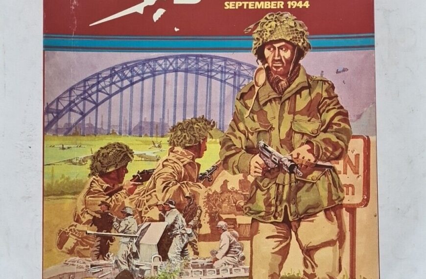 Vintage board game cover for "Arnhem Bridge September 1944" with illustrations of soldiers, a military glider, and Arnhem Bridge, titled "Monty's Drive for the Rhine," part of the "An Attactix Adventure Game" series.