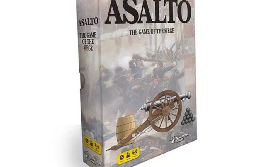 A boxed board game titled "ASALTO THE GAME OF THE SIEGE" with images of cannons and soldiers on the cover, suitable for ages 14 and up, and for 3 or more players.