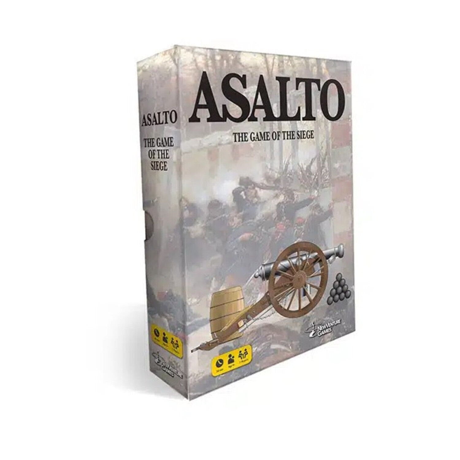 A boxed board game titled "ASALTO THE GAME OF THE SIEGE" with images of cannons and soldiers on the cover, suitable for ages 14 and up, and for 3 or more players.