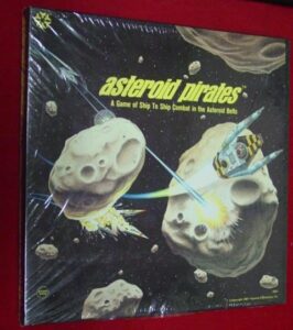 A board game box titled "Asteroid Pirates - A Game of Ship to Ship Combat in the Asteroid Belts" with artwork depicting spaceships firing lasers amidst asteroids on a starry space background.