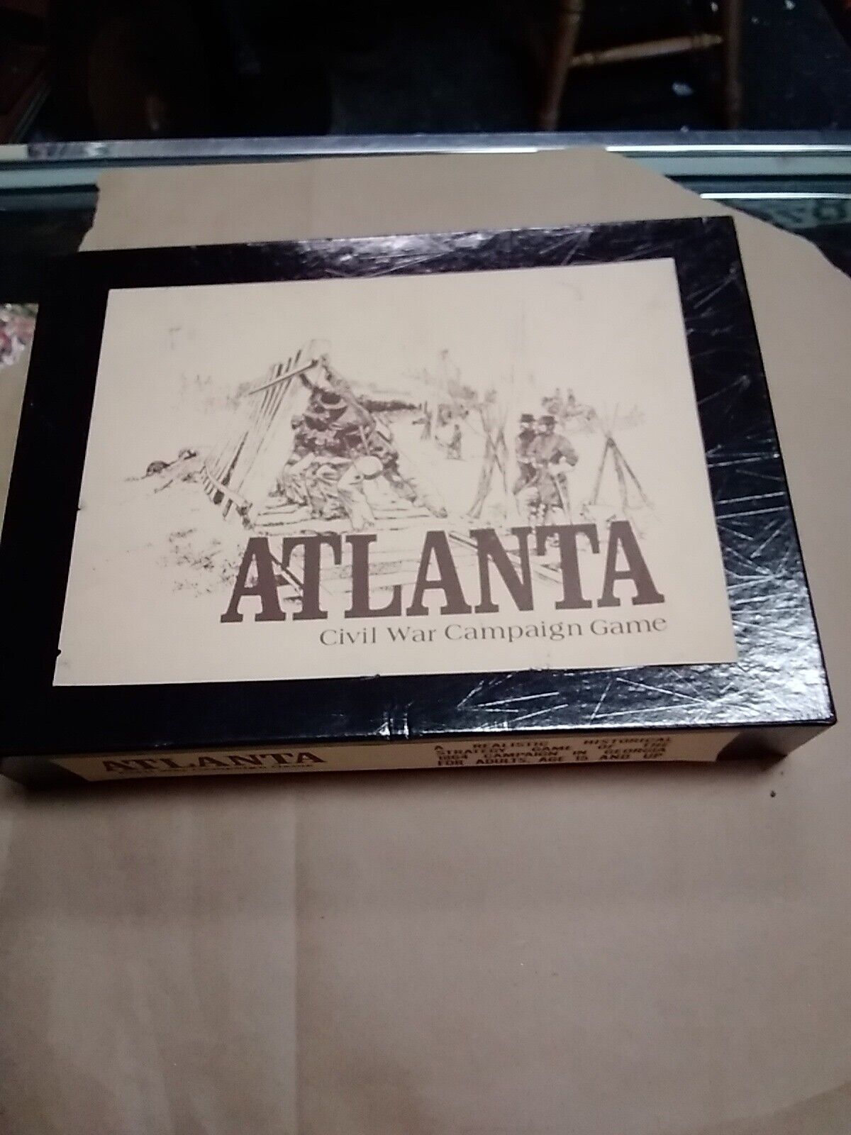 A board game box titled "ATLANTA Civil War Campaign Game" with a sepia-tone historic battle scene illustration.