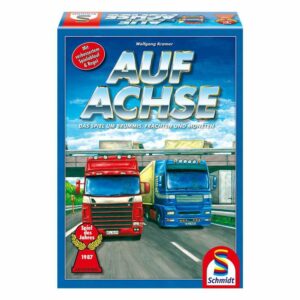 Box cover of the "Auf Achse" board game featuring illustrated red and blue trucks on a roadway with the title in bold letters, game information, and a Spiel des Jahres award badge.