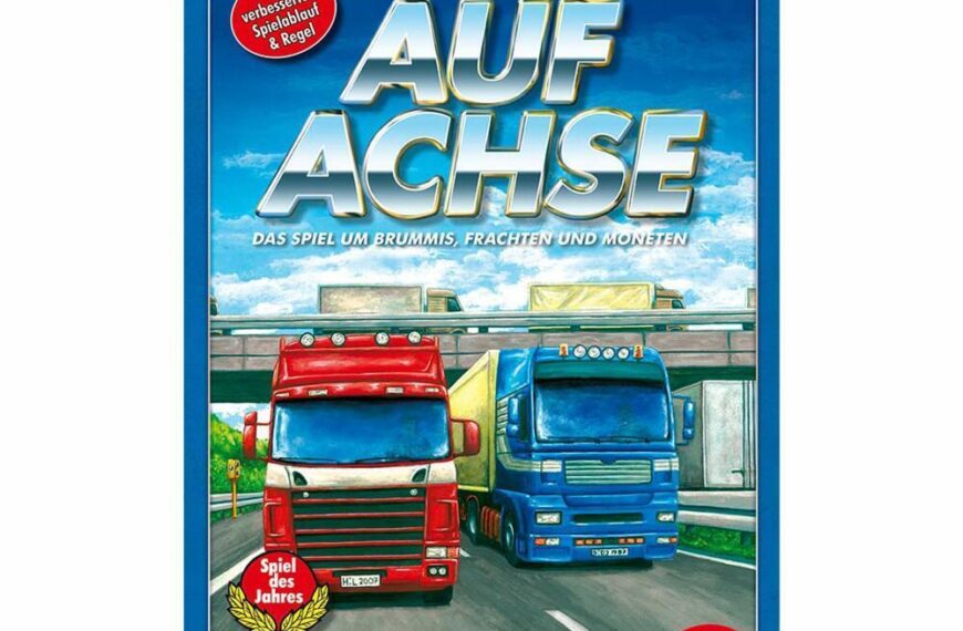 Box cover of the "Auf Achse" board game featuring illustrated red and blue trucks on a roadway with the title in bold letters, game information, and a Spiel des Jahres award badge.
