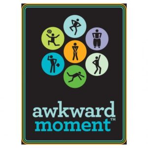 Alt text: Graphic poster featuring the text "awkward moment" with a series of circles above, each containing a stylized stick figure in various poses suggesting uncomfortable or awkward situations. The background is black, and the border has a multicolored trim.