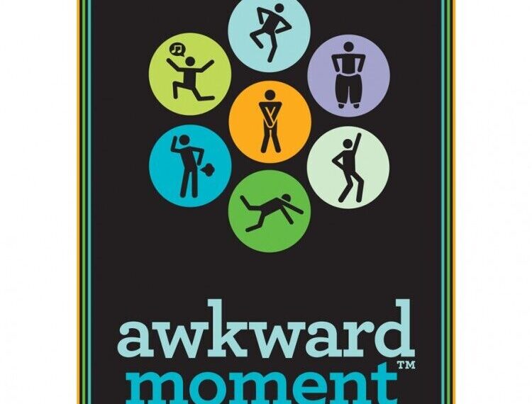 Alt text: Graphic poster featuring the text "awkward moment" with a series of circles above, each containing a stylized stick figure in various poses suggesting uncomfortable or awkward situations. The background is black, and the border has a multicolored trim.
