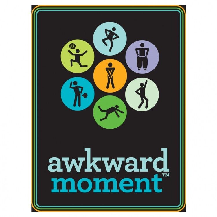 Alt text: Graphic poster featuring the text "awkward moment" with a series of circles above, each containing a stylized stick figure in various poses suggesting uncomfortable or awkward situations. The background is black, and the border has a multicolored trim.