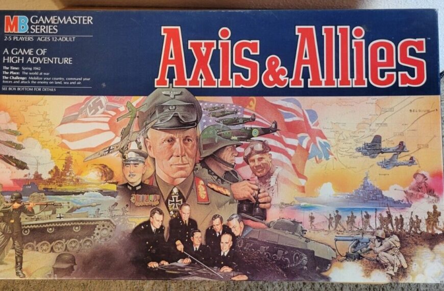Box cover for the "Axis & Allies" board game depicting various military figures, planes, tanks, and ships from World War II, with a strategic map in the background, under the GameMaster Series logo and game information for 2-5 players, ages 12 to adult.