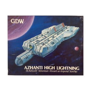 A board game cover with an illustration of a detailed spaceship flying in space with a large planet and a smaller celestial body in the background. The game's title, "AZHANTI HIGH LIGHTNING," and the description "TRAVELLER Adventure Aboard an Imperial Starship" are printed in white lettering at the bottom. The logo "GDW" appears in white at the top left corner.