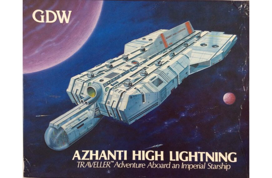 A board game cover with an illustration of a detailed spaceship flying in space with a large planet and a smaller celestial body in the background. The game's title, "AZHANTI HIGH LIGHTNING," and the description "TRAVELLER Adventure Aboard an Imperial Starship" are printed in white lettering at the bottom. The logo "GDW" appears in white at the top left corner.