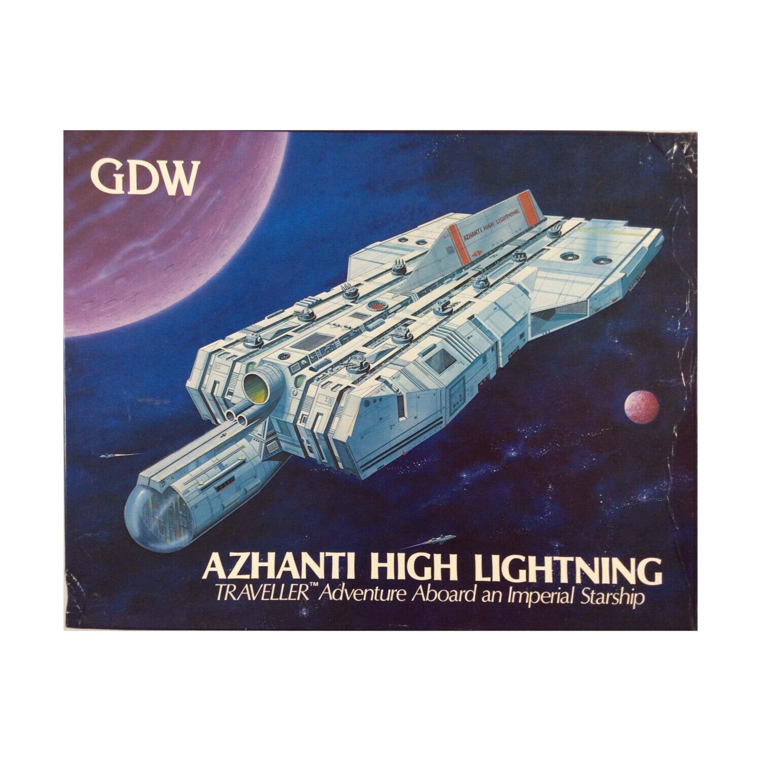 A board game cover with an illustration of a detailed spaceship flying in space with a large planet and a smaller celestial body in the background. The game's title, "AZHANTI HIGH LIGHTNING," and the description "TRAVELLER Adventure Aboard an Imperial Starship" are printed in white lettering at the bottom. The logo "GDW" appears in white at the top left corner.