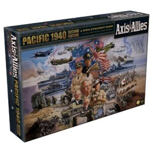 A board game box titled "Axis & Allies Pacific 1940 Second Edition" with illustrations of WWII era military scenes and leaders.