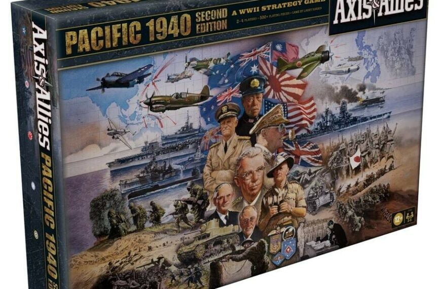 A board game box titled "Axis & Allies Pacific 1940 Second Edition" with illustrations of WWII era military scenes and leaders.
