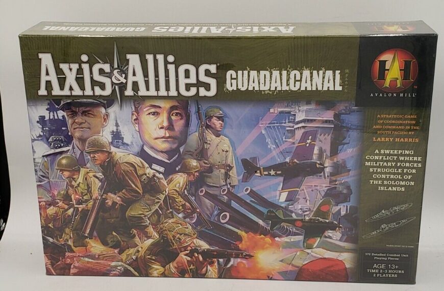 The board game box for "Axis & Allies Guadalcanal" by Avalon Hill, featuring illustrations of WWII military scenes including soldiers, naval ships, and aircraft, with prominent portraits of a Western and Asian military leader.