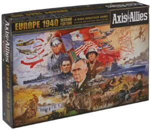 Image of "Axis & Allies Europe 1940 Second Edition" board game box featuring a collage of WWII-themed images including soldiers, tanks, planes, and maps, along with flags and images of military leaders from the era.
