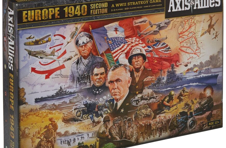 Image of "Axis & Allies Europe 1940 Second Edition" board game box featuring a collage of WWII-themed images including soldiers, tanks, planes, and maps, along with flags and images of military leaders from the era.