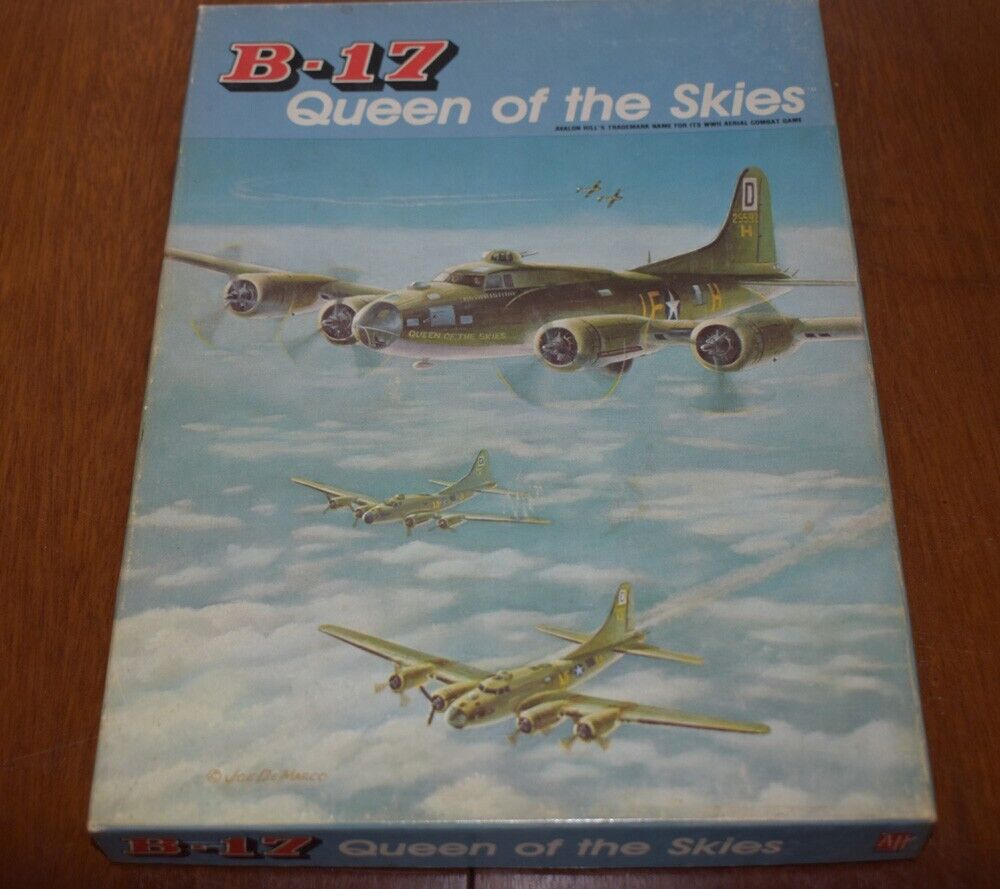 The image shows a board game cover titled "B-17 Queen of the Skies", with artistic illustrations of B-17 bombers flying above the clouds.