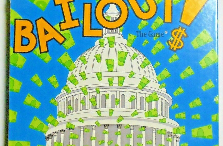 Board game cover with the title "BAILOUT The Game" featuring an illustration of the United States Capitol building surrounded by flying green money bills. The slogan "When you Lose, You WIN!" is displayed at the bottom.