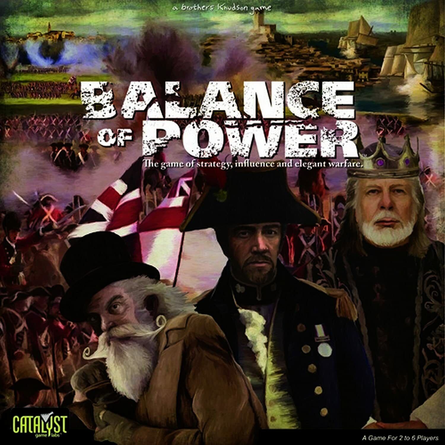 Alt text: Box art for the game "Balance of Power", featuring a collage of historical military scenes, with prominent images of three characters in period costumes: a man in a top hat, another in a naval officer's uniform, and a third wearing a crown. The text reads "a Brothers Knudson game", "The game of strategy, influence and elegant warfare", and "A Game For 2 to 6 Players" with the Catalyst company logo on the bottom.