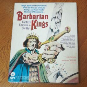 Alt text: The image shows the cover of the "Barbarian Kings" board game, featuring an illustrated warrior in a green cloak and golden crown, with descriptive text about magic, fantasy races, and airships around the title. The game is designed by Greg Costikyan and Redmond A. Simonsen, as indicated at the bottom.