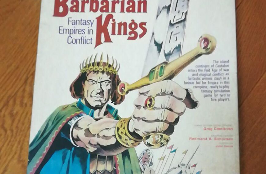 Alt text: The image shows the cover of the "Barbarian Kings" board game, featuring an illustrated warrior in a green cloak and golden crown, with descriptive text about magic, fantasy races, and airships around the title. The game is designed by Greg Costikyan and Redmond A. Simonsen, as indicated at the bottom.