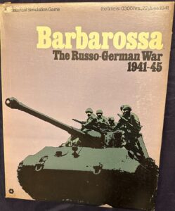 Board game cover titled "Barbarossa The Russo-German War 1941-45," featuring a stylized image of soldiers on a tank with text indicating it is a historical simulation game and specifying the time as "0300hrs, 22 June 1941."