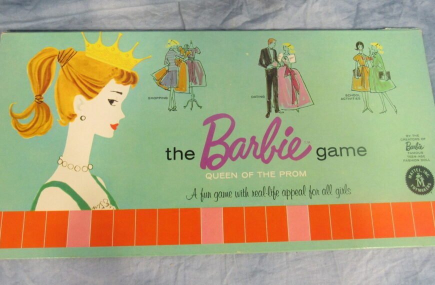 Vintage "The Barbie Game: Queen of the Prom" board game box featuring illustrated depictions of a young woman shopping, dating, and engaging in school activities, with a large portrait of Barbie on the left side, against a pale green background.
