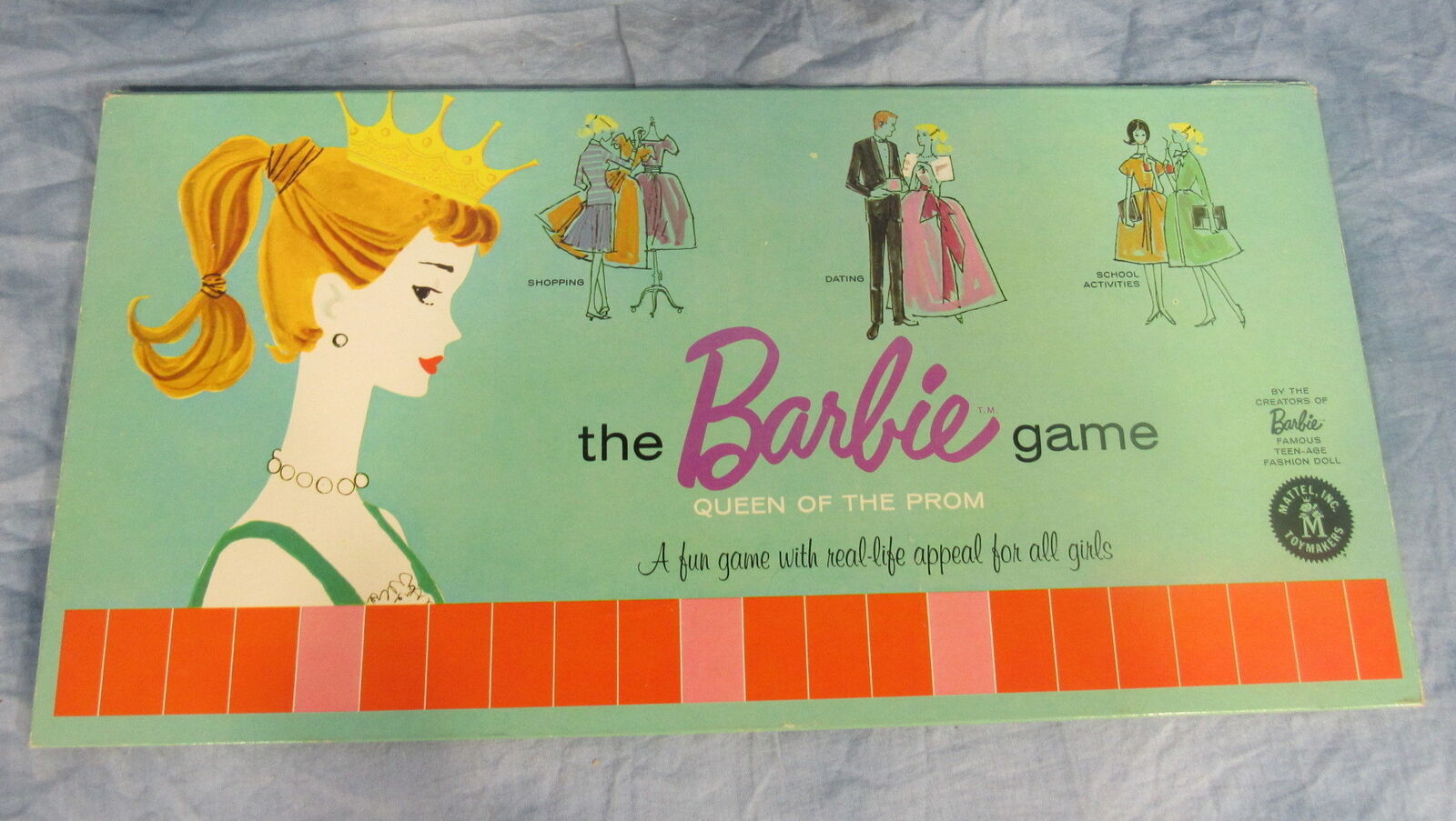 Vintage "The Barbie Game: Queen of the Prom" board game box featuring illustrated depictions of a young woman shopping, dating, and engaging in school activities, with a large portrait of Barbie on the left side, against a pale green background.