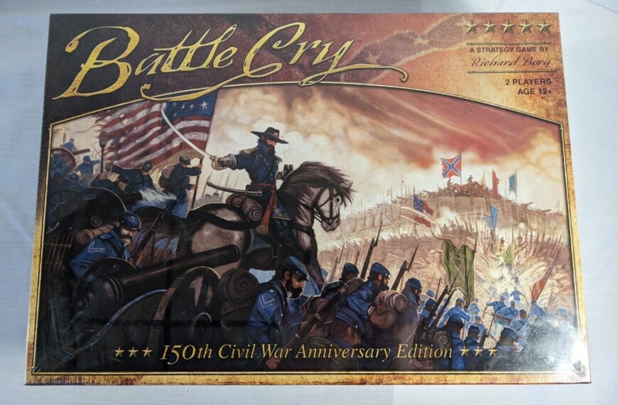 Alt text: The image shows the box cover of "Battle Cry: 150th Civil War Anniversary Edition," a strategy board game by Richard Borg for 2 players aged 12+. The cover art features a dynamic Civil War battle scene with soldiers in blue uniforms, some on horseback, carrying the American flag, and a backdrop of a battlefield with flags and smoke.