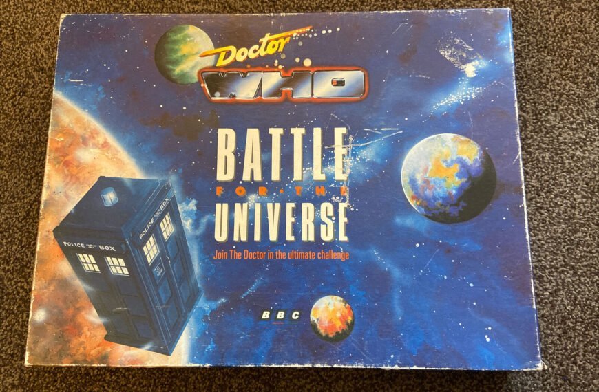 The image shows the cover of a "Doctor Who: Battle for the Universe" board game with a cosmic background featuring stars, nebulae, and planets, and an illustration of the TARDIS. The BBC logo is displayed at the bottom right.