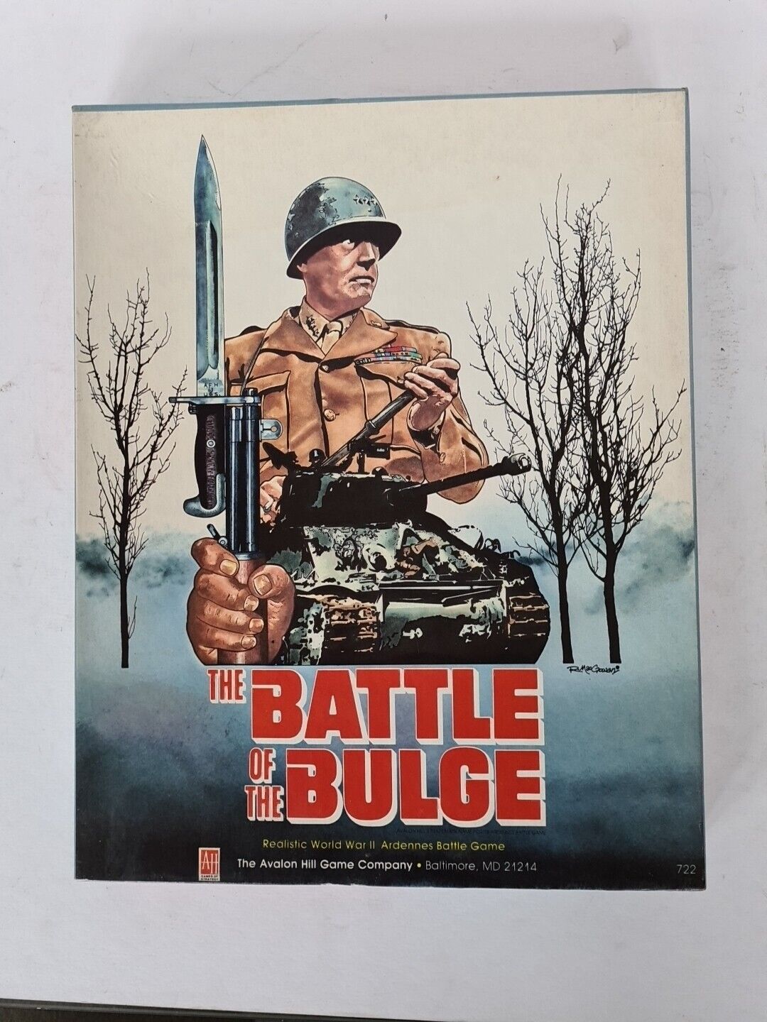 Vintage advertisement poster for "The Battle of the Bulge" board game, depicting a military figure in uniform holding a bayonet against a background with a tank and barren trees.