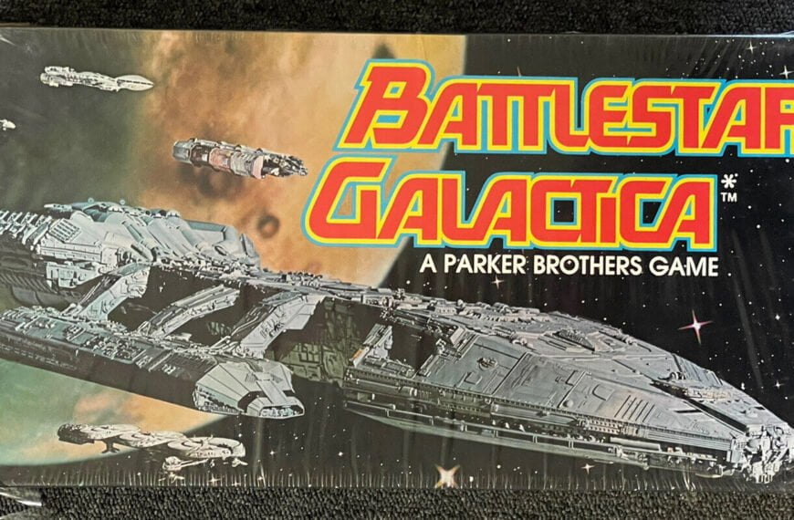 An image of a "Battlestar Galactica" board game by Parker Brothers, featuring artwork of spaceships against a space backdrop with a colorful logo above.