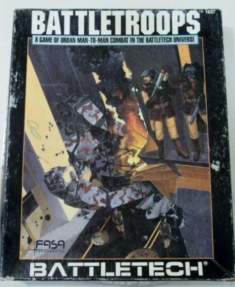 A worn copy of the "BATTLETROOPS" board game box with the subtitle "A GAME OF URBAN MAN-TO-MAN COMBAT IN THE BATTLETECH UNIVERSE," featuring stylized artwork of futuristic soldiers in combat on the cover. The FASA and BATTLETECH logos are visible at the bottom.