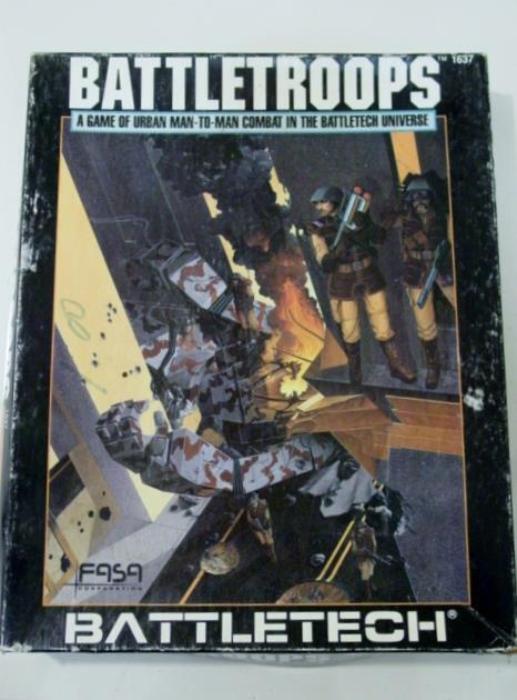 A worn copy of the "BATTLETROOPS" board game box with the subtitle "A GAME OF URBAN MAN-TO-MAN COMBAT IN THE BATTLETECH UNIVERSE," featuring stylized artwork of futuristic soldiers in combat on the cover. The FASA and BATTLETECH logos are visible at the bottom.