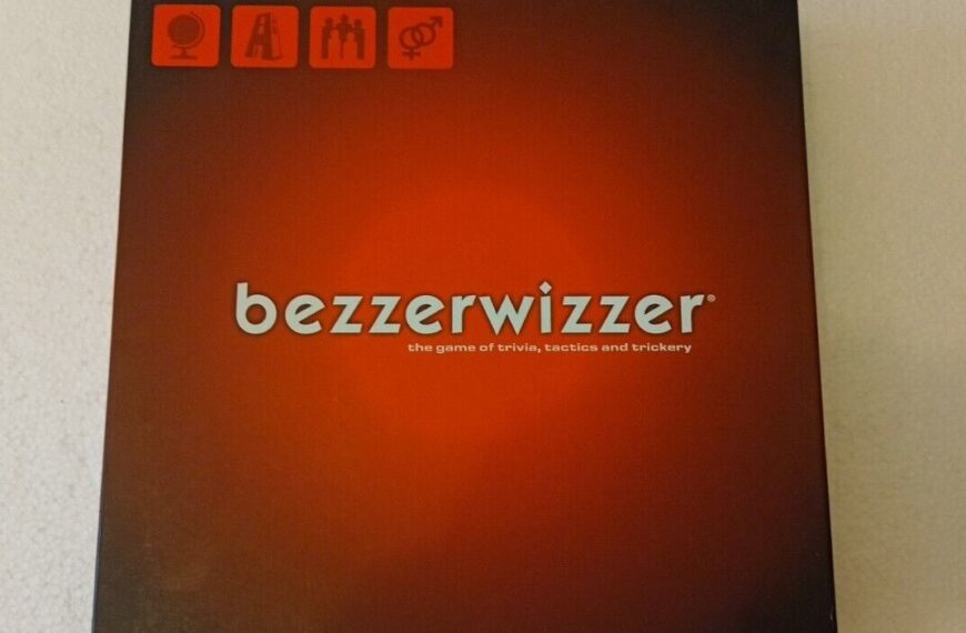 A Bezzerwizzer board game box featuring the title in white text against a gradient red and brown background with icons and the tagline "the game of trivia, tactics and trickery" below it.