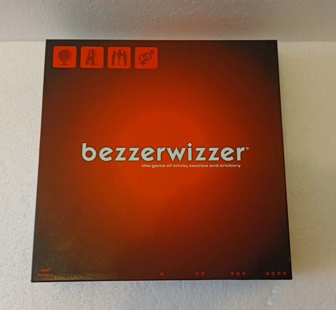 A Bezzerwizzer board game box featuring the title in white text against a gradient red and brown background with icons and the tagline "the game of trivia, tactics and trickery" below it.